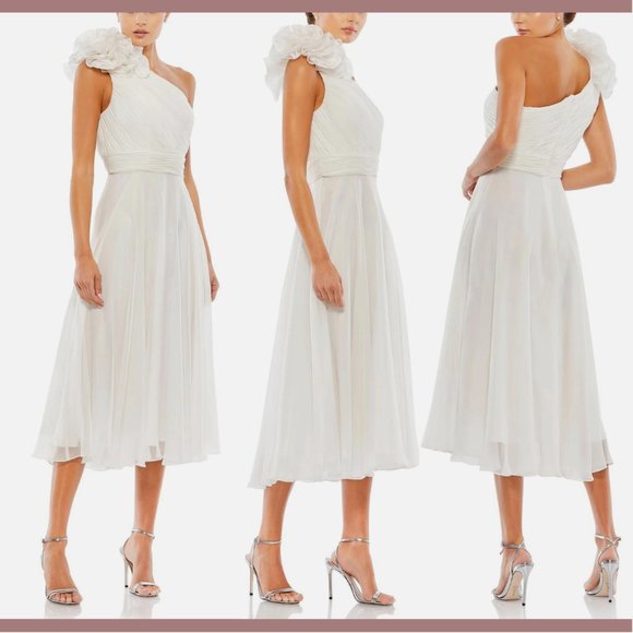 NWT $398‎ Mac Duggal [ 0 ] Rosette One Shoulder Tea Length Dress White - Picture 2 of 15